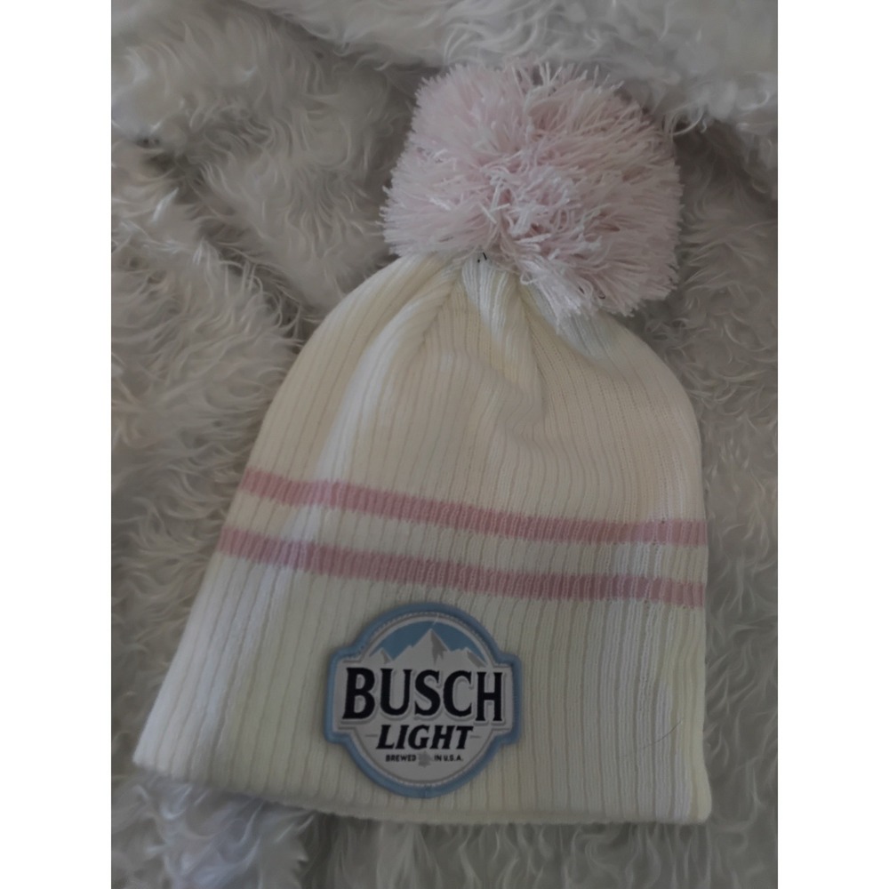 Busch Light Beanie Hat Pink White Striped Pom Pom Knit Winter Cap Brewery Logo